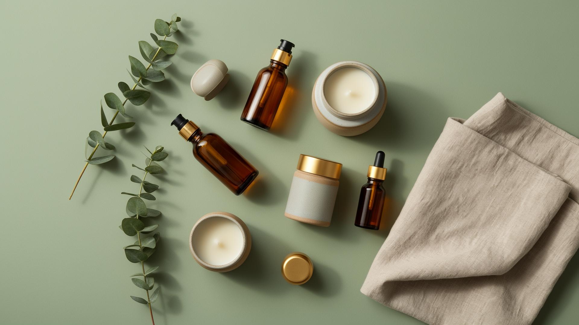 Curated wellness collection flat lay with amber bottles, ceramics and eucalyptus