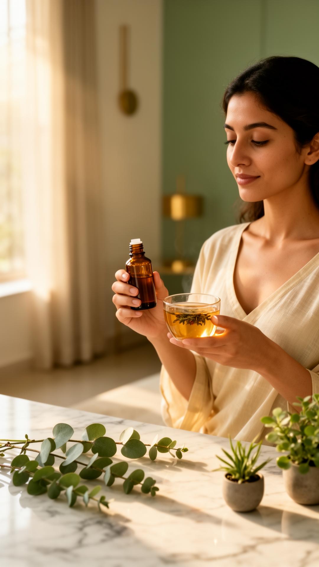 A woman holding a warm cup of herbal tea and a wellness oil bottle in soft morning light